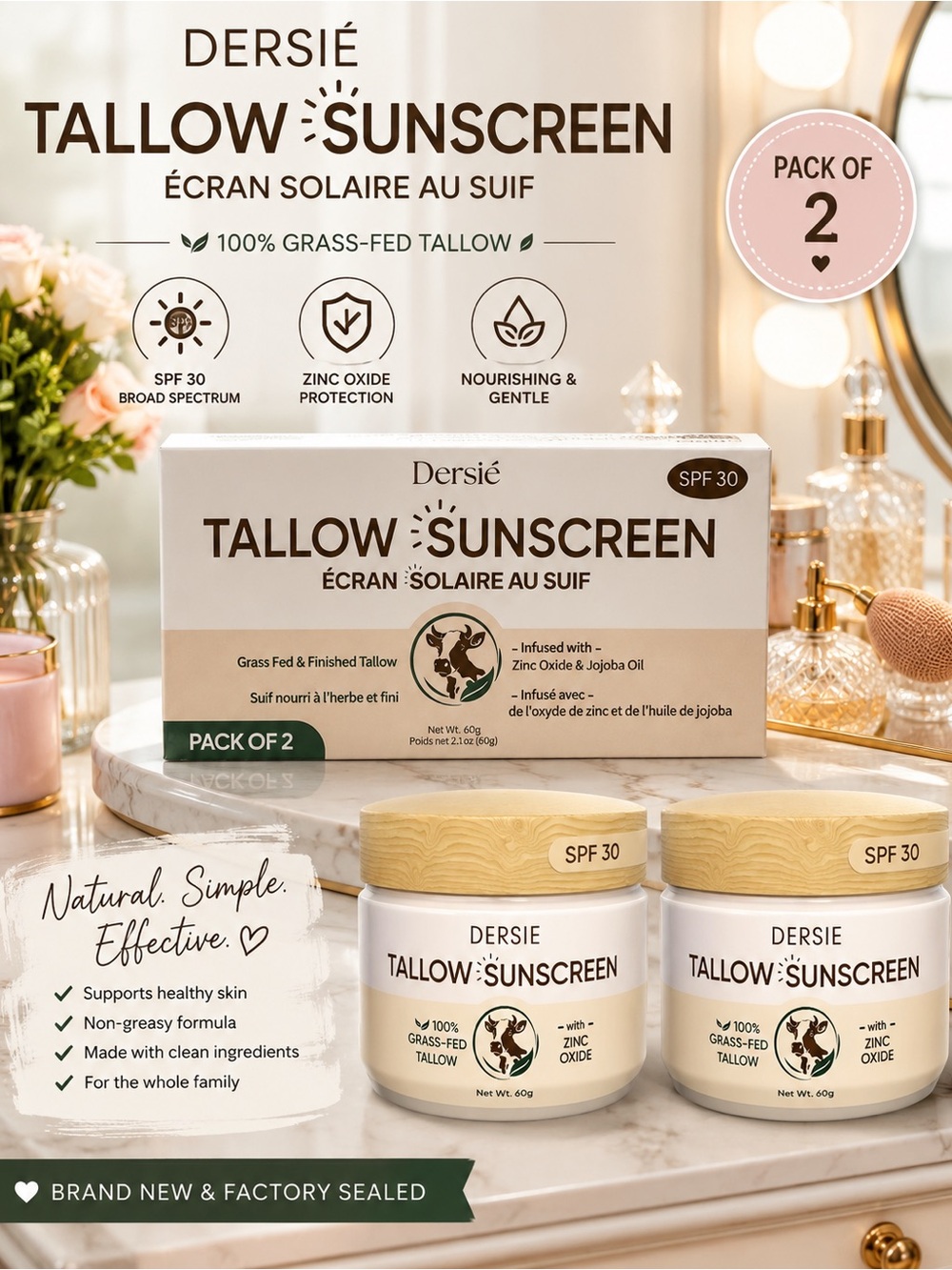 Dersie 100% Beef Tallow Sunscreen SPF 30 | Pack of 2 | New & Sealed